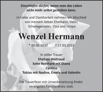 Traueranzeige von Wenzel Hermann von Trauerkombi Bitterfeld