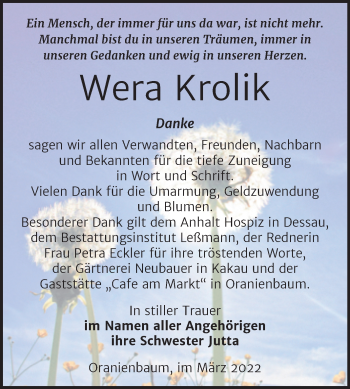 Traueranzeige von Wera Krolik von Trauerkombi Wittenberg