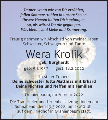 Traueranzeige von Wera Krolik von Trauerkombi Wittenberg