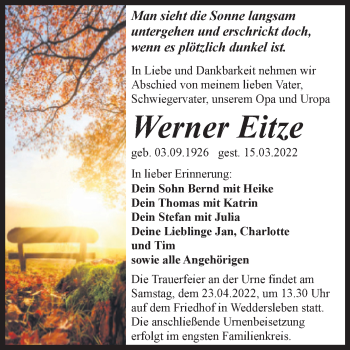 Traueranzeige von Werner Eitze von Trauerkombi Quedlinburg