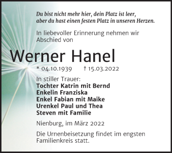 Traueranzeige von Werner Hanel von Trauerkombi Köthen