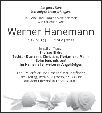 Traueranzeige von Werner Hanemann von Trauerkombi Bitterfeld