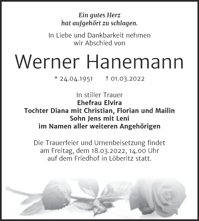  Traueranzeige für Werner Hanemann vom 09.03.2022 aus Trauerkombi Bitterfeld