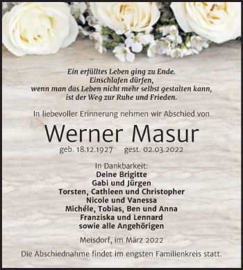 Traueranzeige von Werner Masur von Trauerkombi Aschersleben