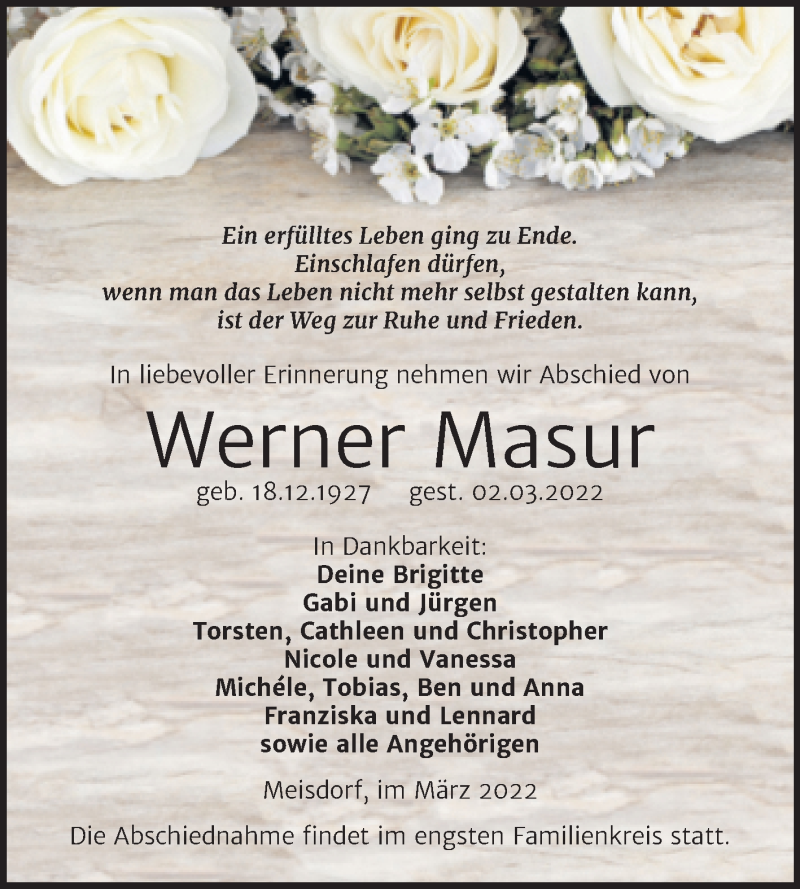 Traueranzeige für Werner Masur vom 11.03.2022 aus Trauerkombi Aschersleben