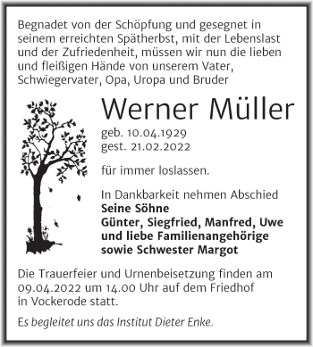 Traueranzeige von Werner Müller von Trauerkombi Wittenberg