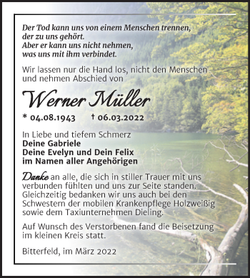 Traueranzeige von Werner Müller von Trauerkombi Bitterfeld