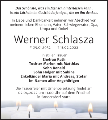 Traueranzeige von Werner Schlasza von Trauerkombi Bitterfeld
