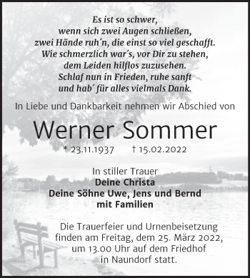 Traueranzeige von Werner Sommer von Trauerkombi Wittenberg