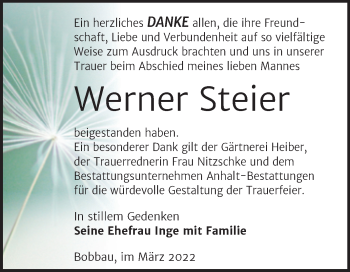 Traueranzeige von Werner Steier von Trauerkombi Bitterfeld