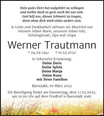Traueranzeige von Werner Trautmann von Trauerkombi Merseburg