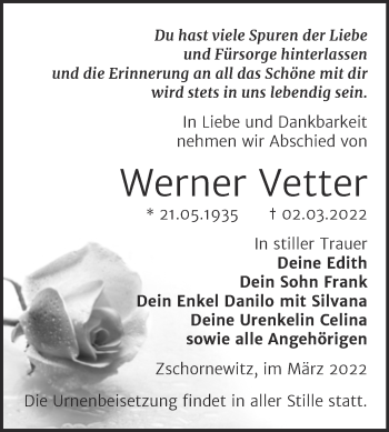 Traueranzeige von Werner Vetter von Trauerkombi Wittenberg
