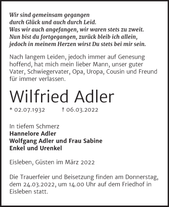 Traueranzeige von Wilfried Adler von Trauerkombi Mansfelder Land