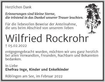 Traueranzeige von Wilfried Rockrohr von Trauerkombi Mansfelder Land