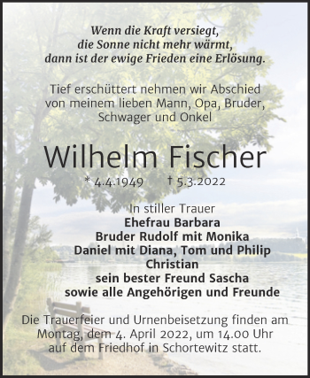 Traueranzeige von Wilhelm Fischer von Trauerkombi Köthen