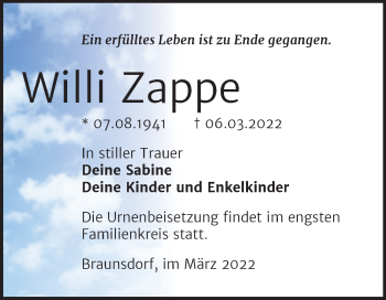 Traueranzeige von Willi Zappe von Trauerkombi Wittenberg