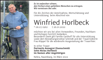 Traueranzeige von Winfried Horlbeck von Wochenspiegel Naumburg/Nebra