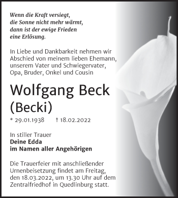 Traueranzeige von Wolfgang Beck von Trauerkombi Quedlinburg
