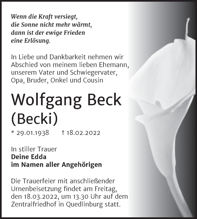  Traueranzeige für Wolfgang Beck vom 05.03.2022 aus Trauerkombi Quedlinburg