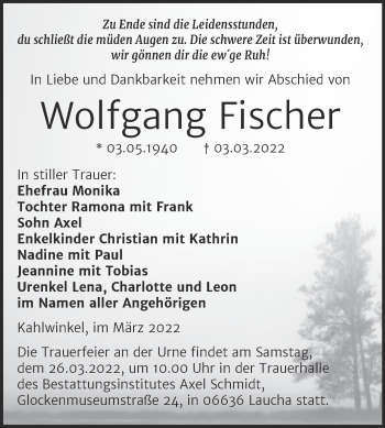Traueranzeige von Wolfgang Fischer von Wochenspiegel Naumburg/Nebra
