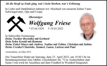 Traueranzeige von Wolfgang Friese von Trauerkombi Aschersleben