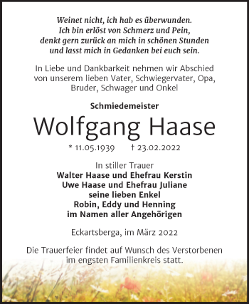 Traueranzeige von Wolfgang Haase von Wochenspiegel Naumburg/Nebra