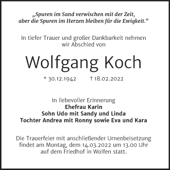 Traueranzeige von Wolfgang Koch von Trauerkombi Bitterfeld
