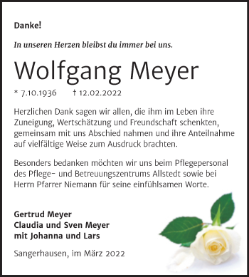 Traueranzeige von Wolfgang Meyer von Trauerkombi Sangerhausen