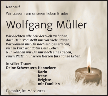 Traueranzeige von Wolfgang Müller von Mitteldeutsche Zeitung Halle/Saalkreis