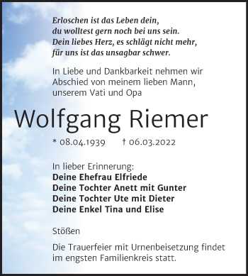 Traueranzeige von Wolfgang Riemer von Wochenspiegel Naumburg/Nebra