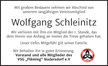 Traueranzeige von Wolfgang Schleinitz von Super Sonntag Wittenberg