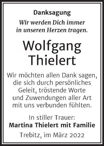 Traueranzeige von Wolfgang Thielert von Trauerkombi Wittenberg