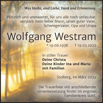 Traueranzeige von Wolfgang Westram von Trauerkombi Sangerhausen