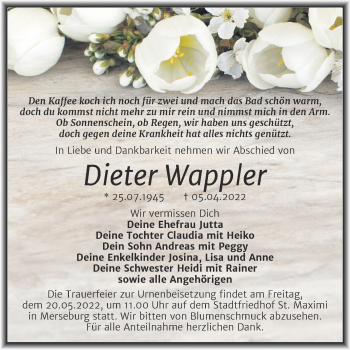 Traueranzeige von Dieter Wappler von Trauerkombi Merseburg