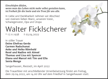 Traueranzeige von Walter Ficklscherer von Trauerkombi Sangerhausen