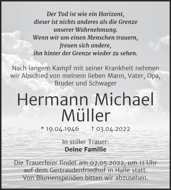 Traueranzeige von Hermann Michael Müller von Mitteldeutsche Zeitung Halle/Saalkreis