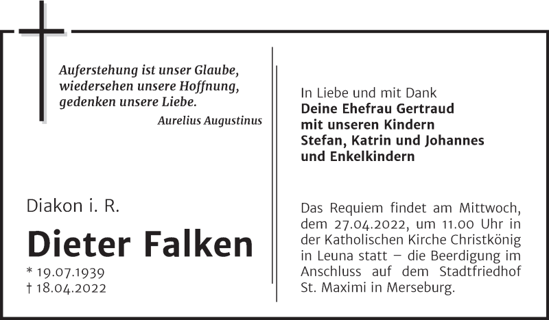  Traueranzeige für Dieter Falken vom 23.04.2022 aus Mitteldeutsche Zeitung Merseburg/Querfurt