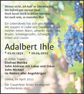 Traueranzeige von Adalbert Ihle von Naumburger Tageblatt