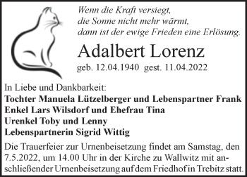 Traueranzeige von Adalbert Lorenz von Mitteldeutsche Zeitung Halle/Saalkreis