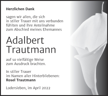 Traueranzeige von Adalbert Trautmann von Mitteldeutsche Zeitung Merseburg/Querfurt