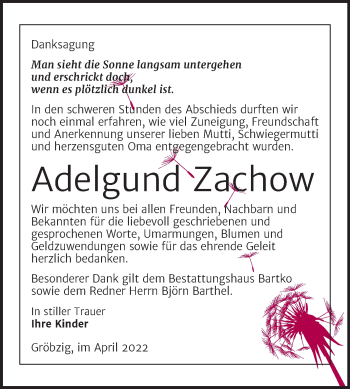 Traueranzeige von Adelgund Zachow von Trauerkombi Köthen