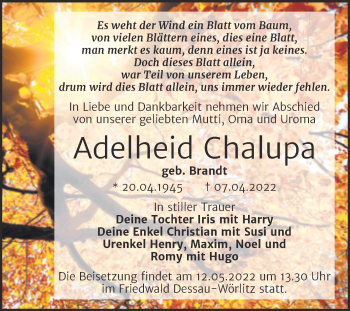 Traueranzeige von Adelheid Chalupa von Trauerkombi Wittenberg