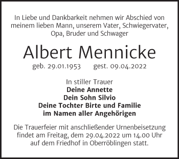 Traueranzeige von Albert Mennicke von Trauerkombi Sangerhausen