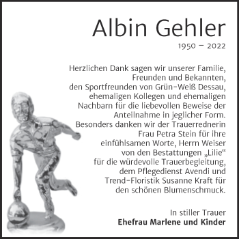 Traueranzeige von Albin Gehler von Trauerkombi Dessau
