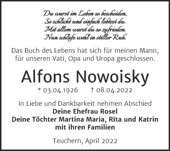 Traueranzeige von Alfons Nowoisky von Trauerkombi Weißenfels