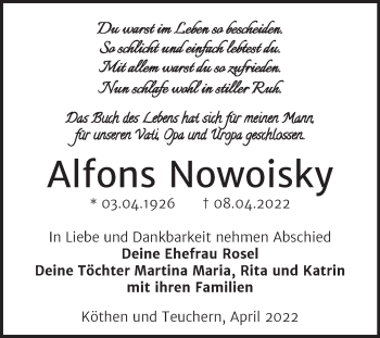 Traueranzeige von Alfons Nowoisky von Trauerkombi Köthen