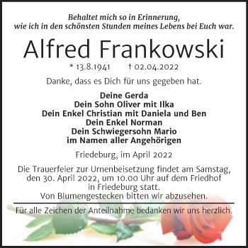 Traueranzeige von Alfred Frankowski von Trauerkombi Mansfelder Land
