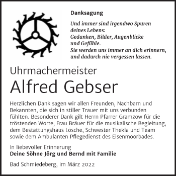 Traueranzeige von Alfred Gebser von Trauerkombi Wittenberg