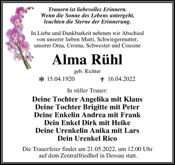 Traueranzeige von Alma Rühl von Trauerkombi Dessau