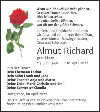 Traueranzeige von Almut Richard von Trauerkombi Quedlinburg